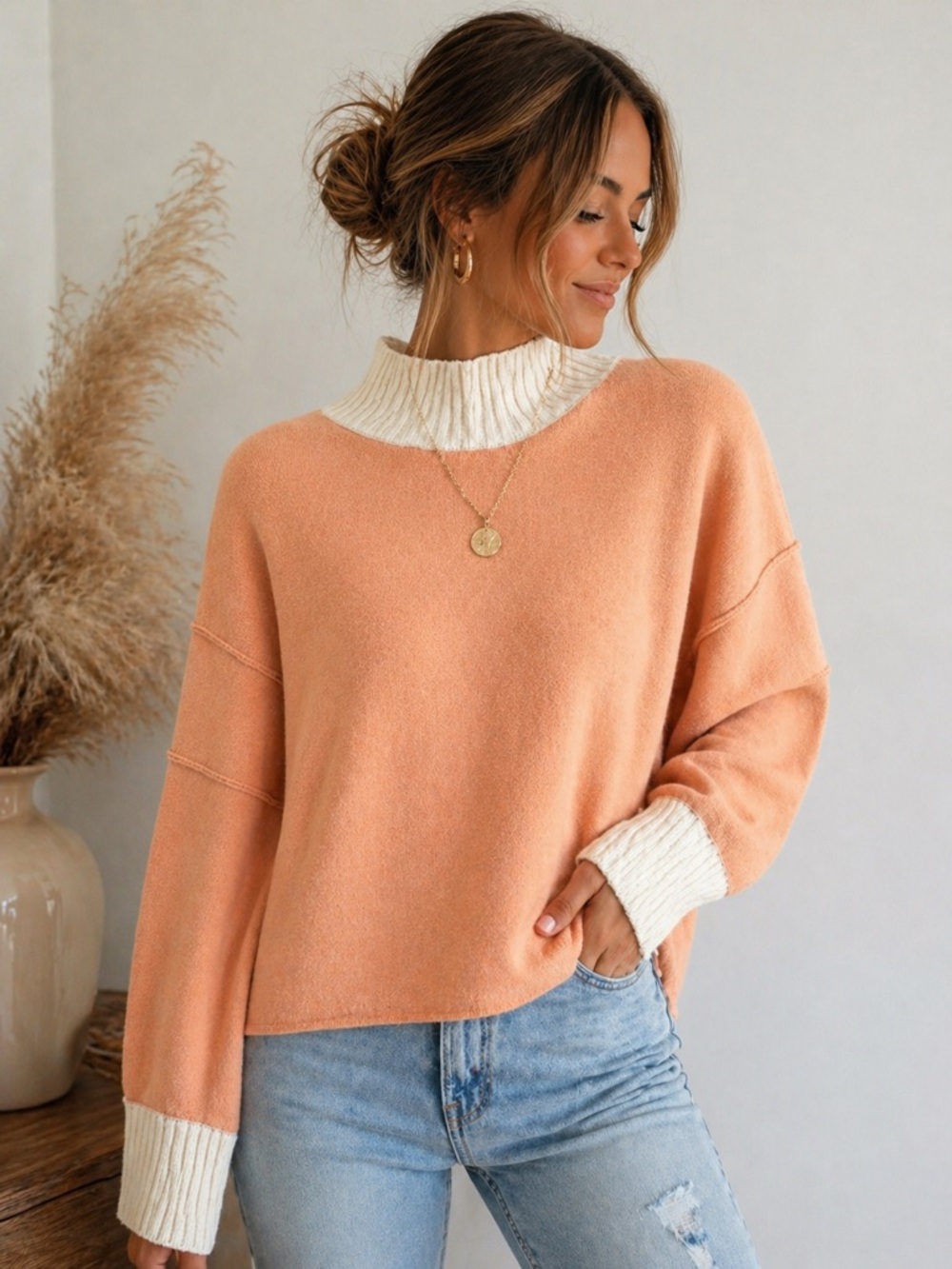Maeve Anthropologie Mock Neck Sweater M Honey Curved Hem NWT